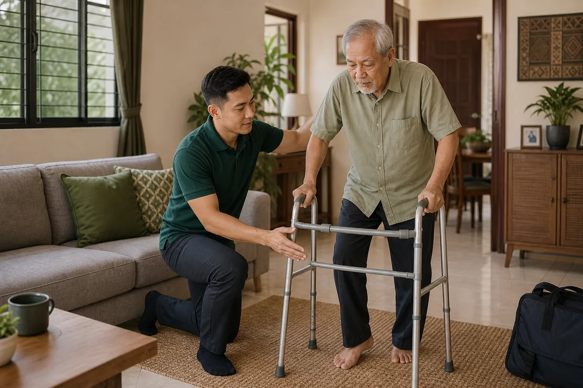 A Fumora therapist steadying an older patient on a walking frame during a home visit